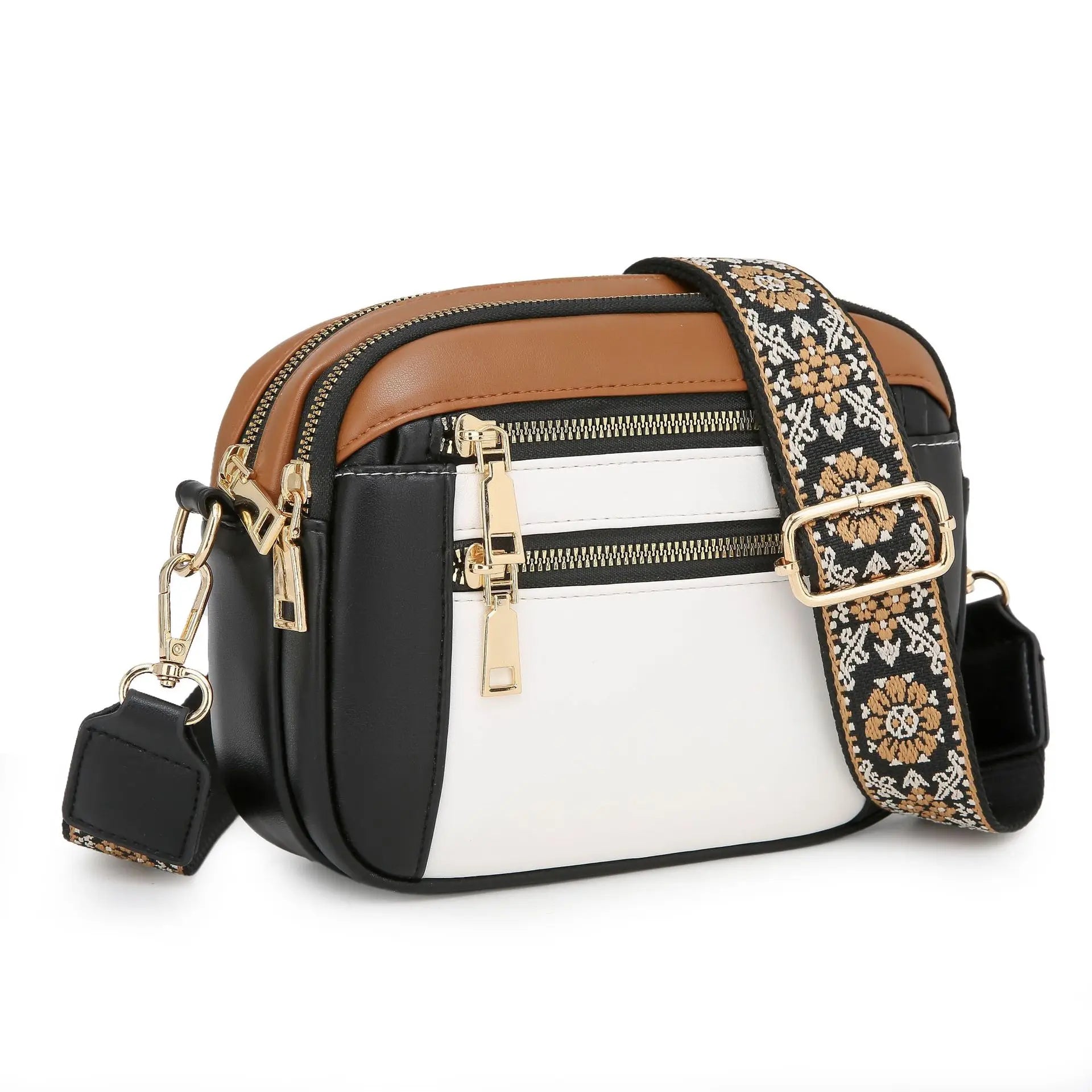 Women's Elegant Leather Shoulder Bag Black With white And Brown