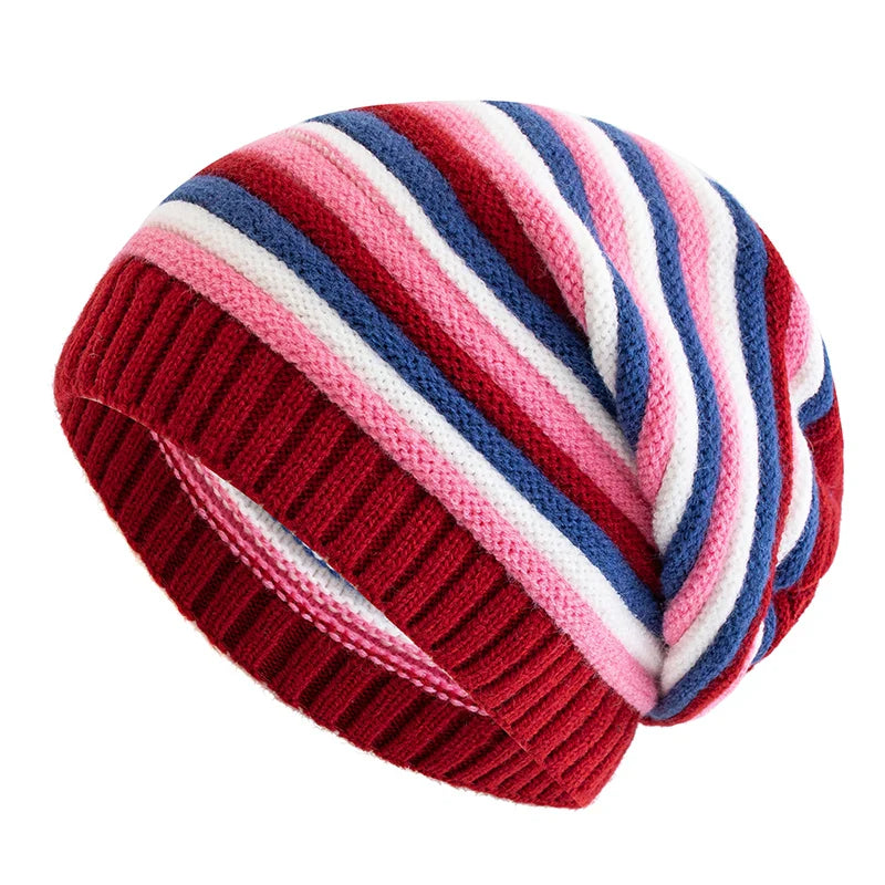 Striped Knitted Slouchy Winter Beanie for Women Red 55cm-60cm