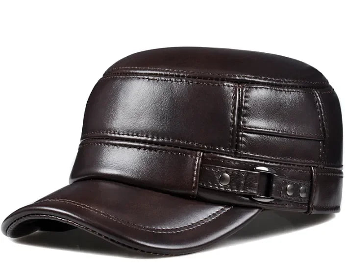 Vintage Military Style Genuine Leather Ear-Warm Flat Cap for Winter-MODAUTLET