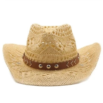 Bohemian Straw Cowboy Hat with Wooden Beads – Perfect for Sun Protection light khaki 2 M (56-58cm)