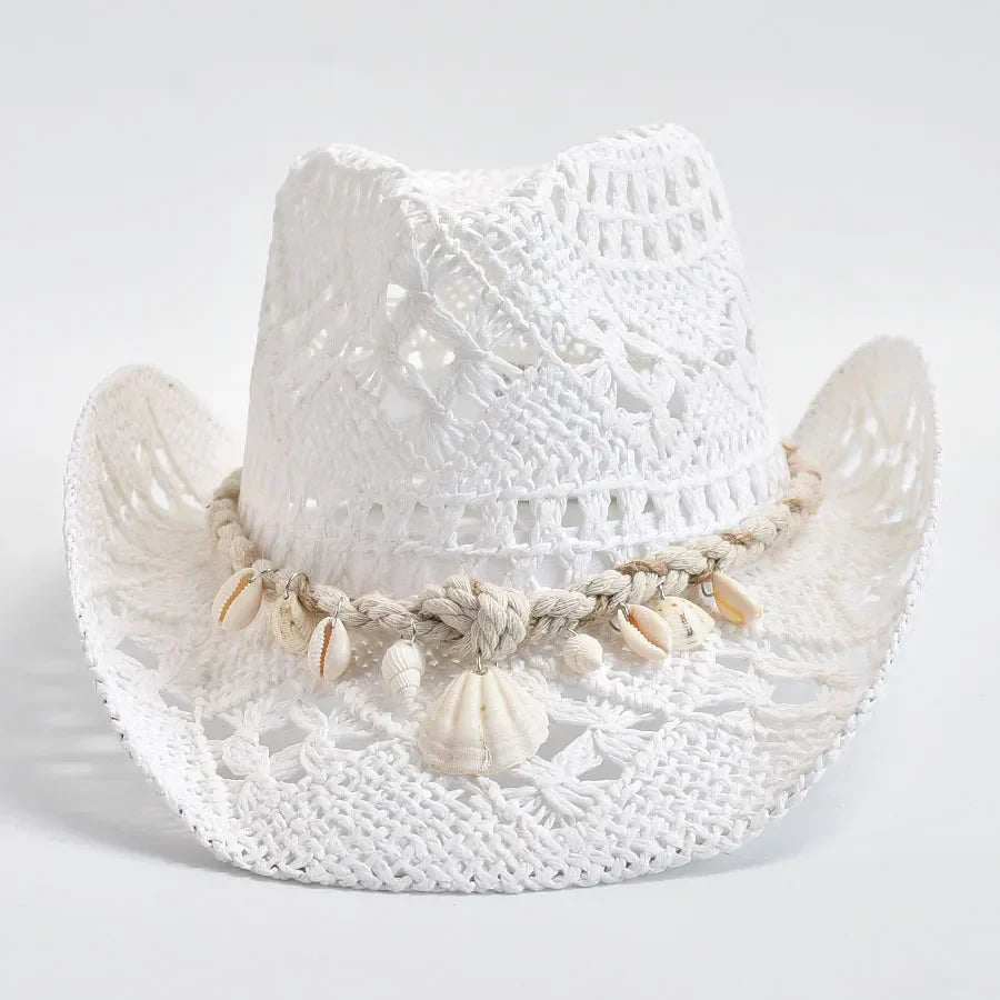 Coastal Seashell Straw Hat Open Knit Breathable Summer White