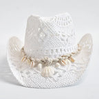 Coastal Seashell Straw Hat Open Knit Breathable Summer White
