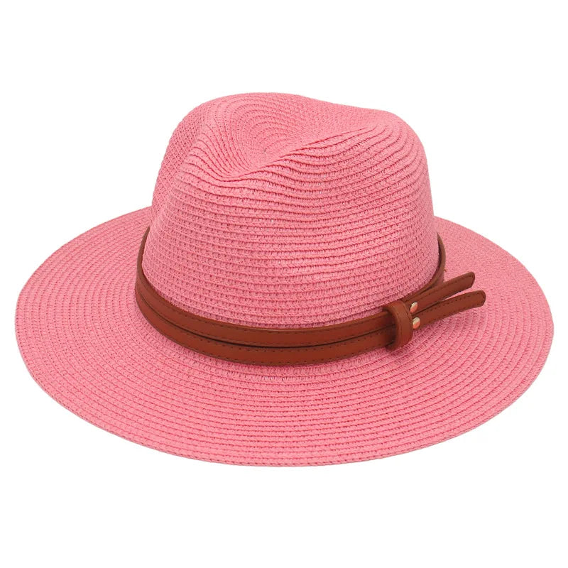 Breathable Straw Panama Sun Hat With Wide Brim Protection Watermelon Red