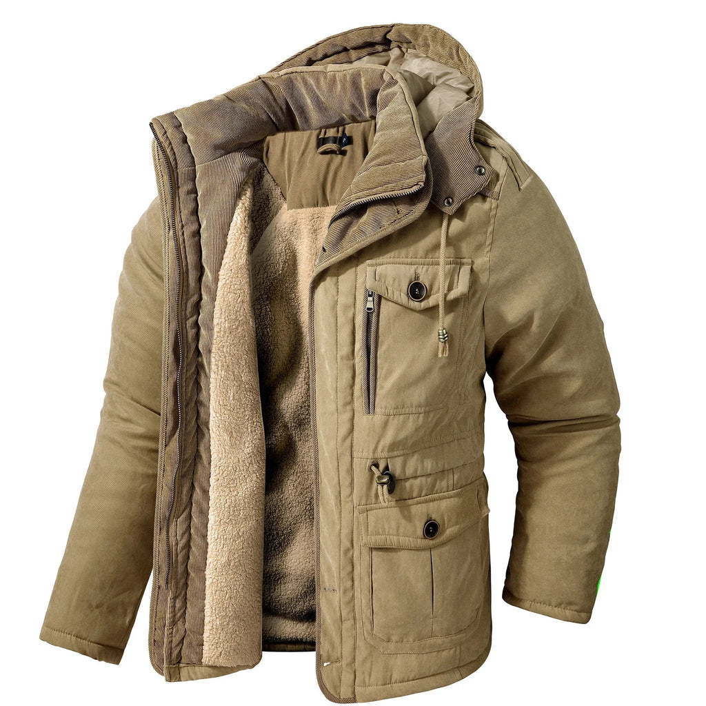 Men's Thickened Hooded Fleece-Lined Cotton Parka – Mid-Length Winter Coat with Multiple Pockets Khaki
