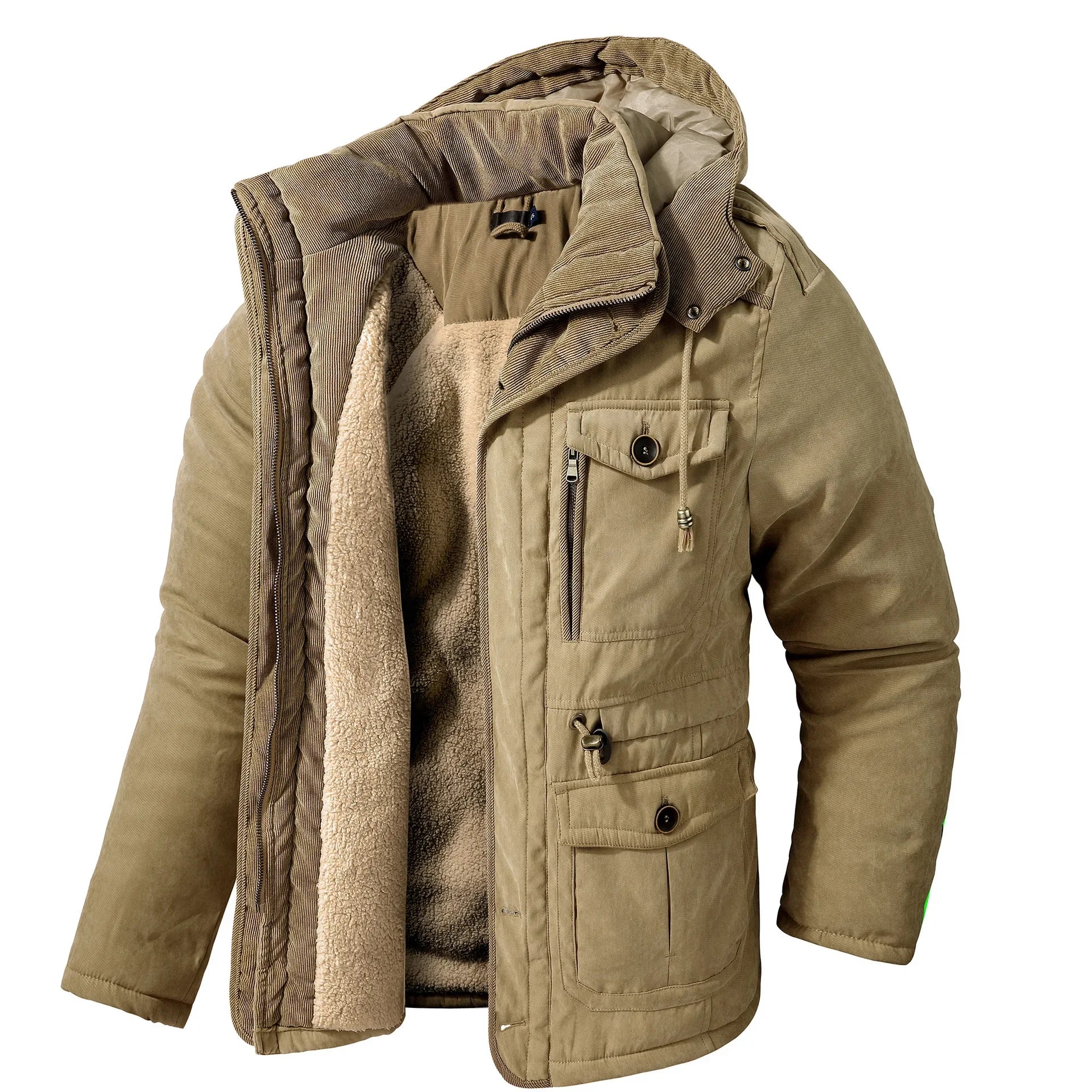 Men's Thickened Hooded Fleece-Lined Cotton Parka – Mid-Length Winter Coat with Multiple Pockets Khaki