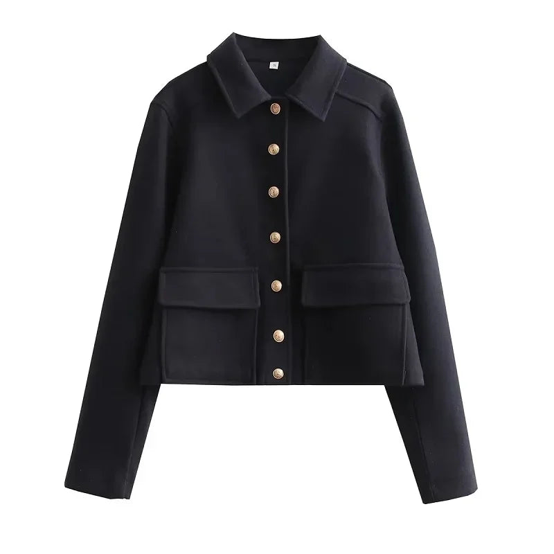 Stylish Wool Cropped Jacket in Heather Navy Blue