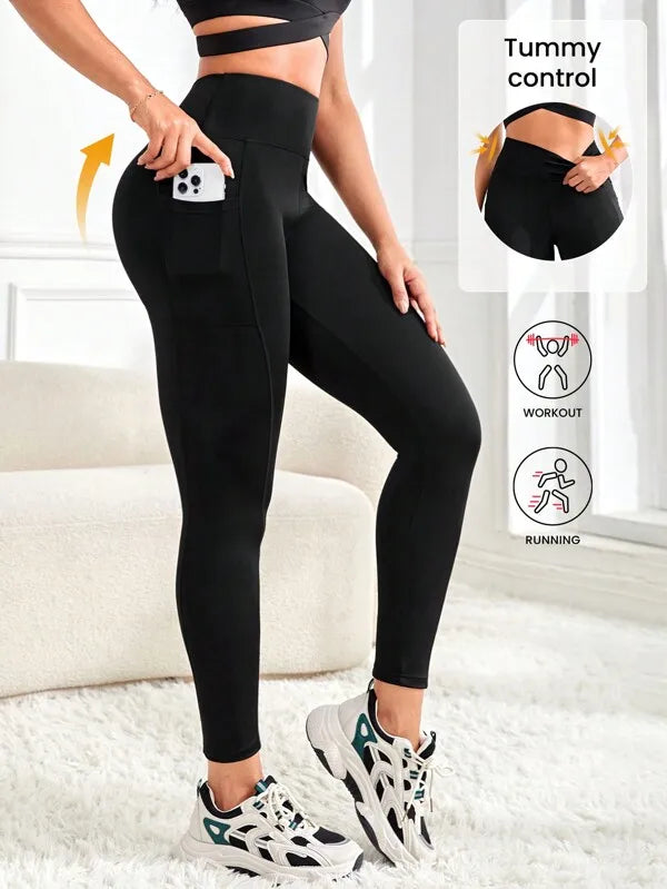 Women's High-Waisted Solid Color Yoga Leggings with Pockets black