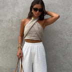 Women's Linen Halterneck Top - Titania Style Khaki