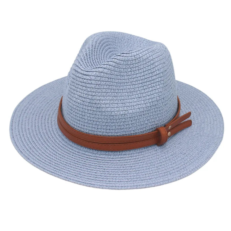 Breathable Straw Panama Sun Hat With Wide Brim Protection Sky Blue