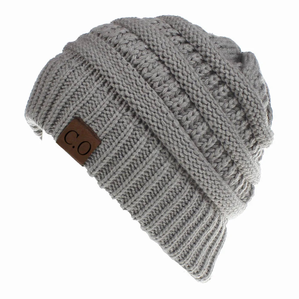 Cozy Stretch Knit Messy Bun Beanie Grey