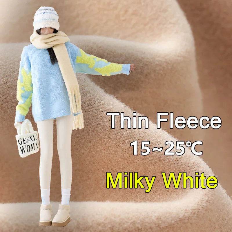 Women's High Waist Fleece Shark Skin Leggings - Cozy & Slimming Fit Thin Fleece-White