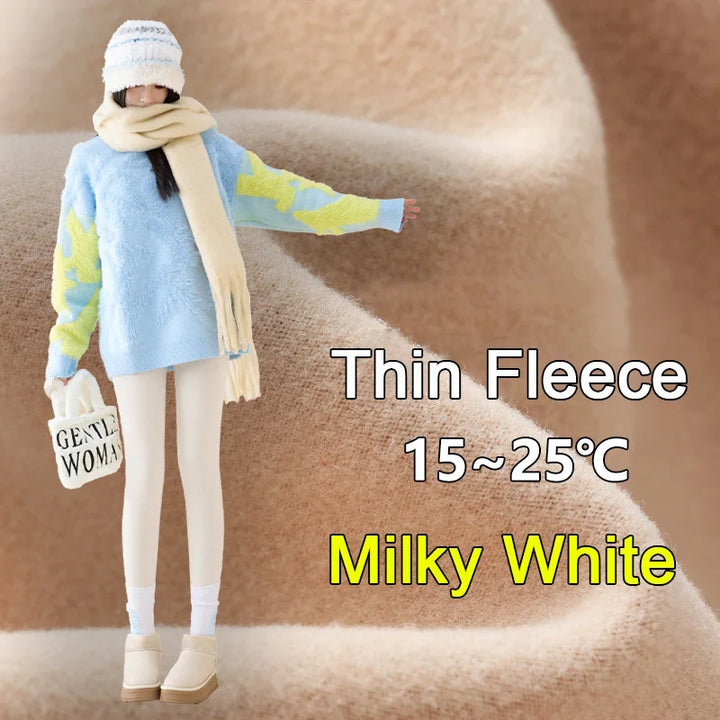 Women's High Waist Fleece Shark Skin Leggings - Cozy & Slimming Fit Thin Fleece-White