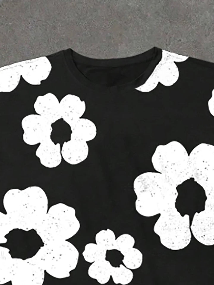 Conjunto de pantalones cortos de verano para hombre con estampado floral en blanco y negro