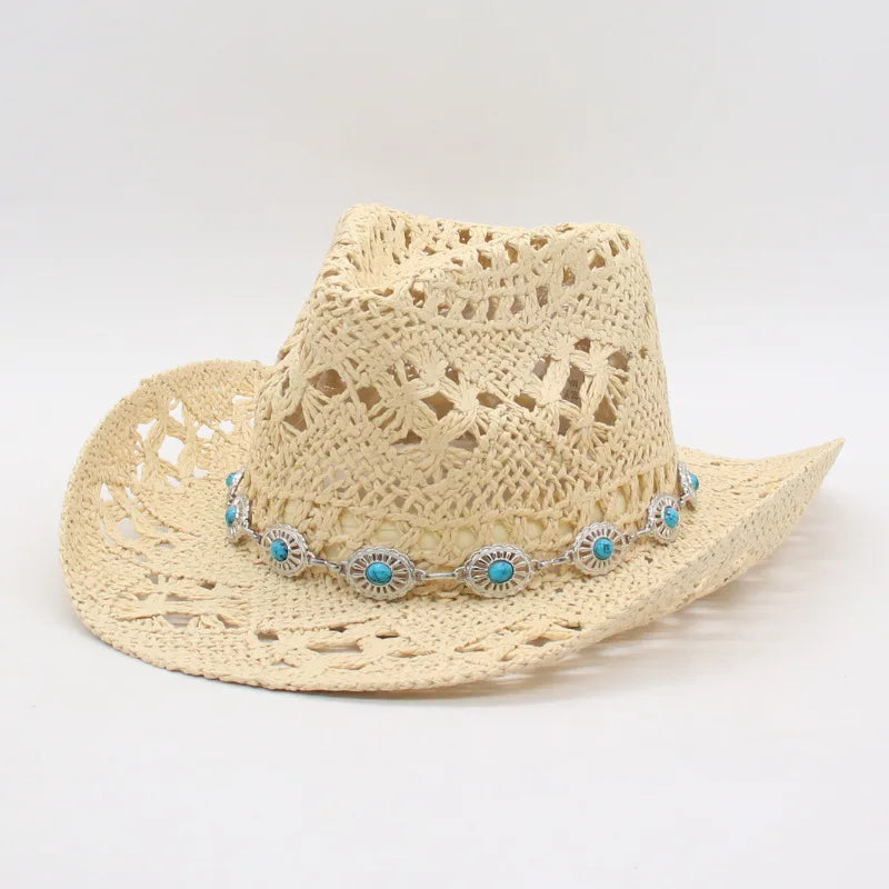 Bohemian Straw Cowboy Hat with Wooden Beads – Perfect for Sun Protection light khaki 5 M (56-58cm)