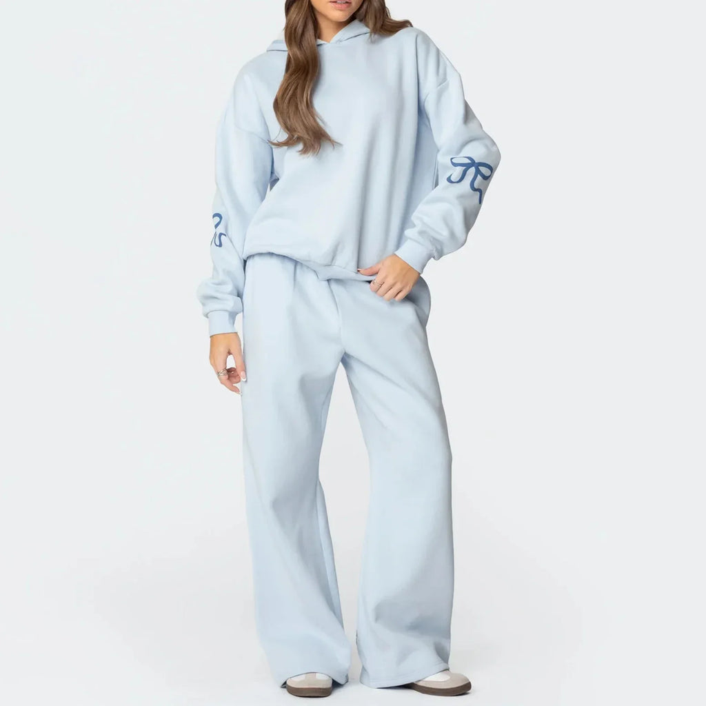 Women’s 2-Piece Bow Print Hoodie & Wide Leg Pants Set Baby Blue