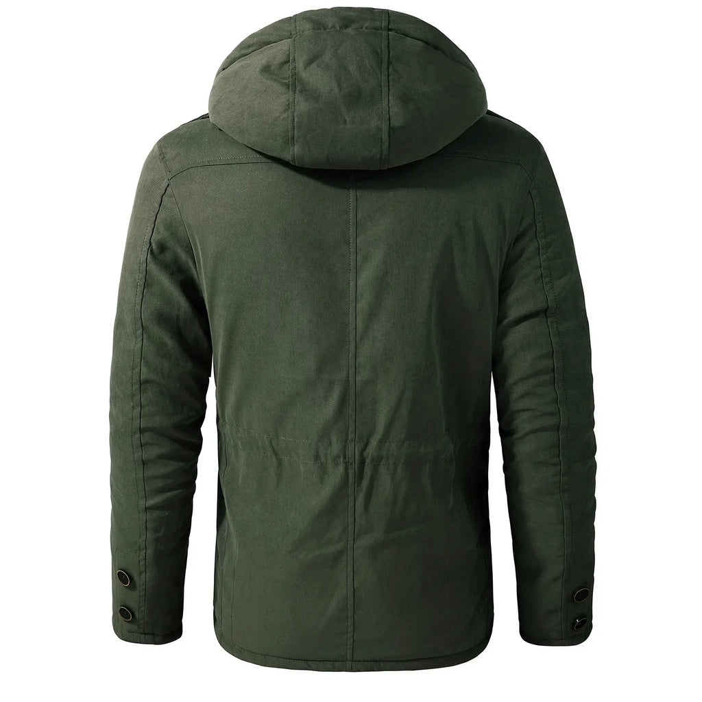 Men's Thickened Hooded Fleece-Lined Cotton Parka – Mid-Length Winter Coat with Multiple Pockets