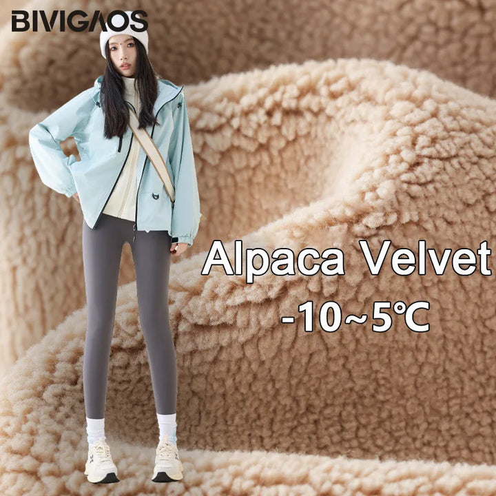Women's High Waist Fleece Shark Skin Leggings - Cozy & Slimming Fit Alpaca Velvet-Gray