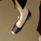 Women's Silk-Textured Low Heel Pearl Pumps Black