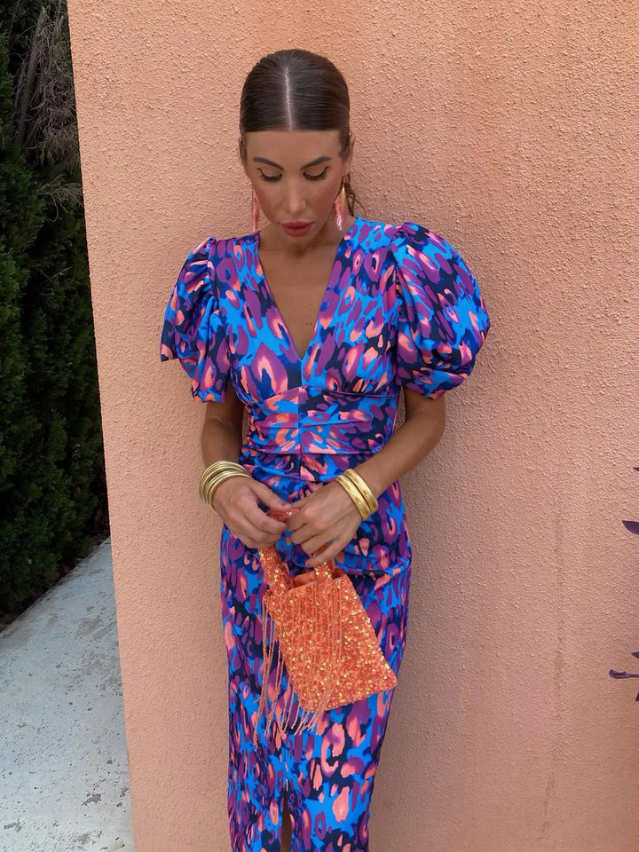 Sydney | Vestido midi de verano para mujer con mangas abullonadas y estampado floral