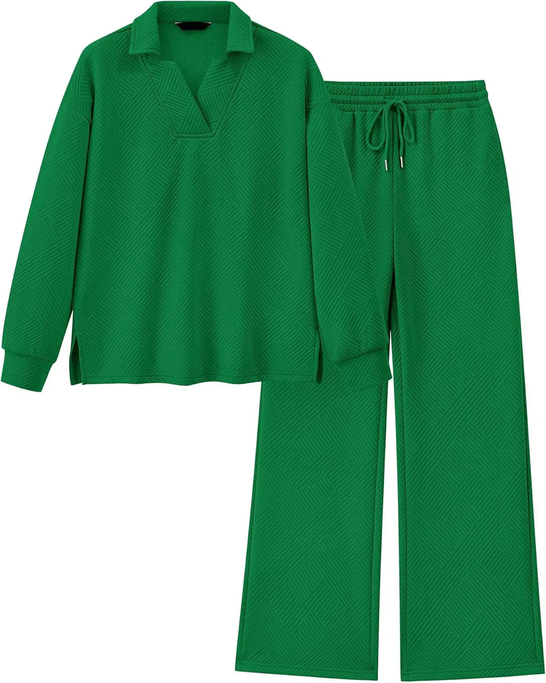 Mireya Textured V‑Neck Lounge Two‑Piece Set-MODAUTLET