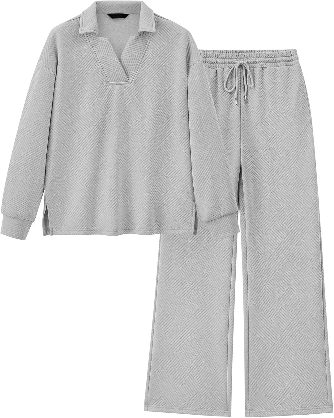 Mireya Textured V‑Neck Lounge Two‑Piece Set-MODAUTLET