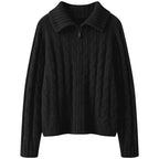 Women's Cozy Cable Knit Collared Full-Zip Sweater – Stylish Comfort Black