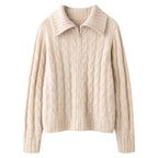 Women's Cozy Cable Knit Collared Full-Zip Sweater – Stylish Comfort Cream