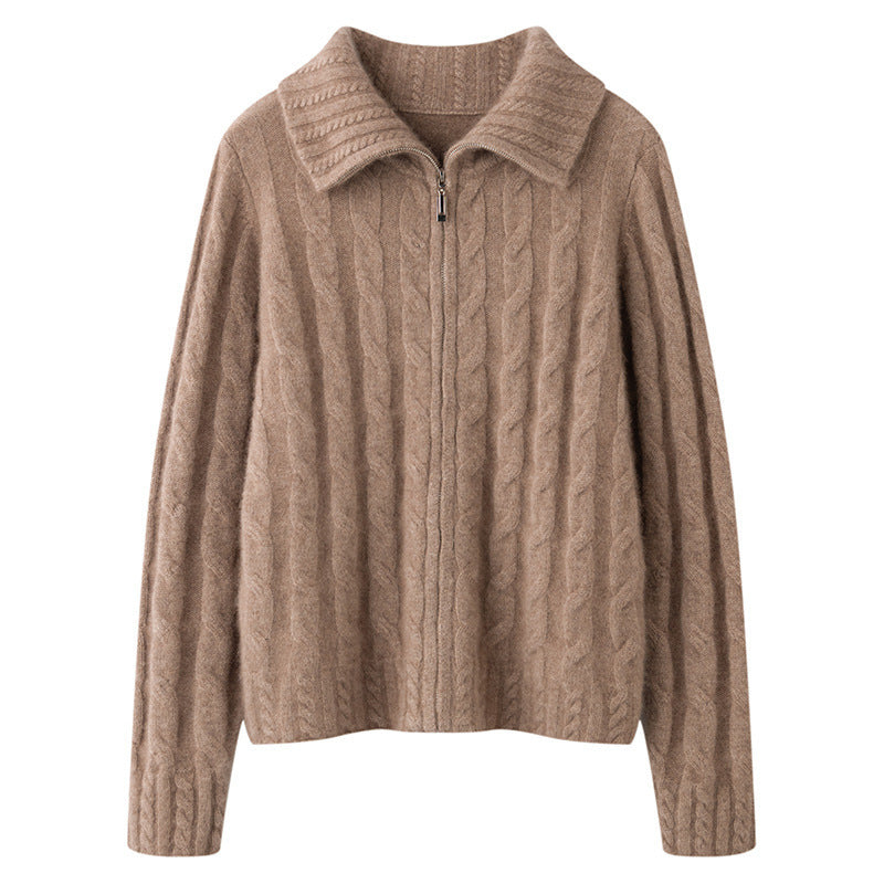 Women's Cozy Cable Knit Collared Full-Zip Sweater – Stylish Comfort Tan