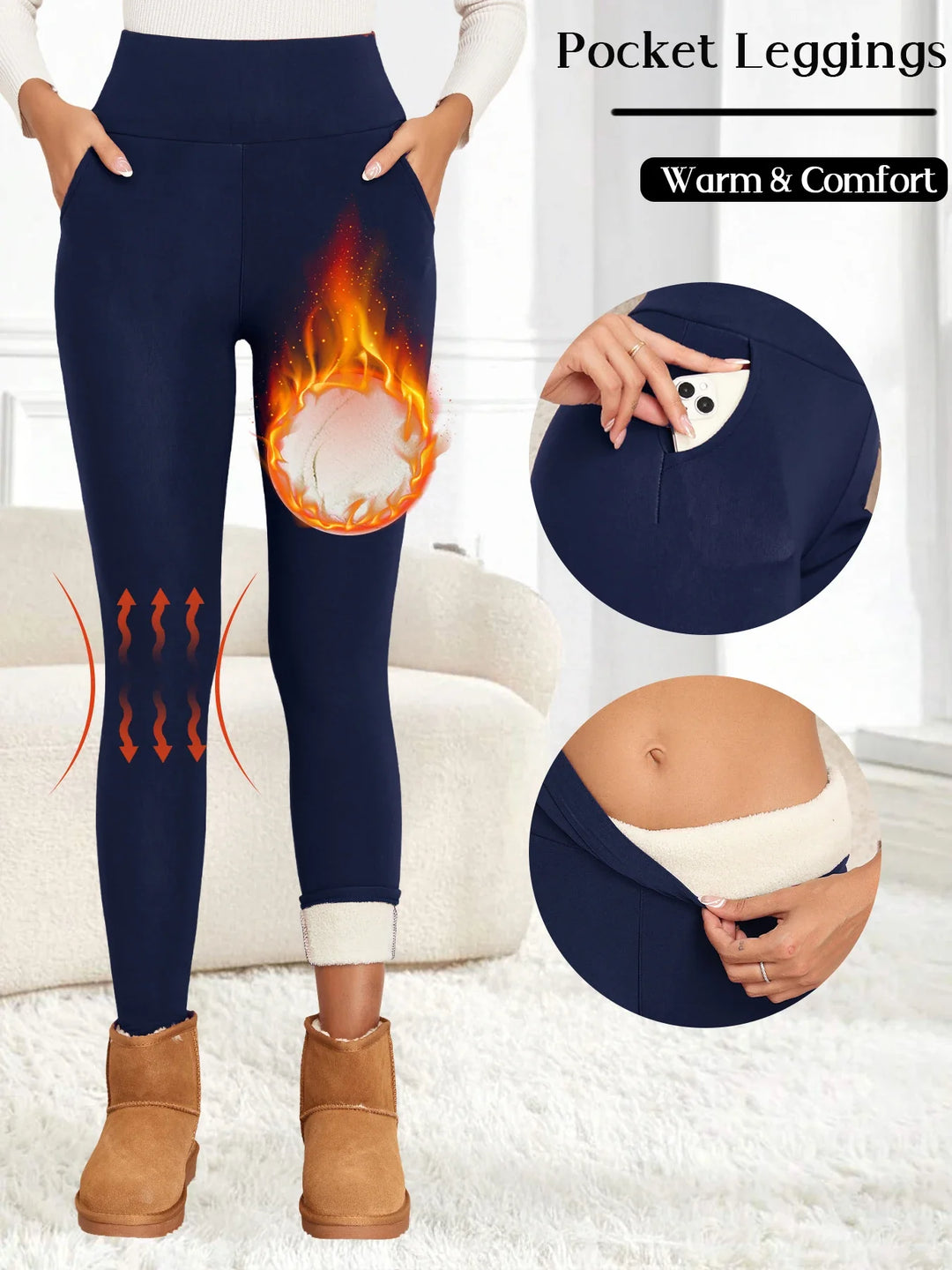 Women's Thick Flared Fleece Leggings High Waist Thermal Tights 625Navy