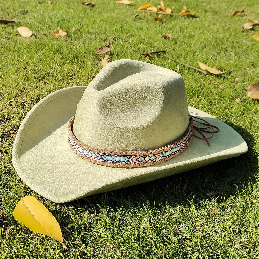 Adjustable Suede Wide-Brim Cowboy Fedora Hat-MODAUTLET