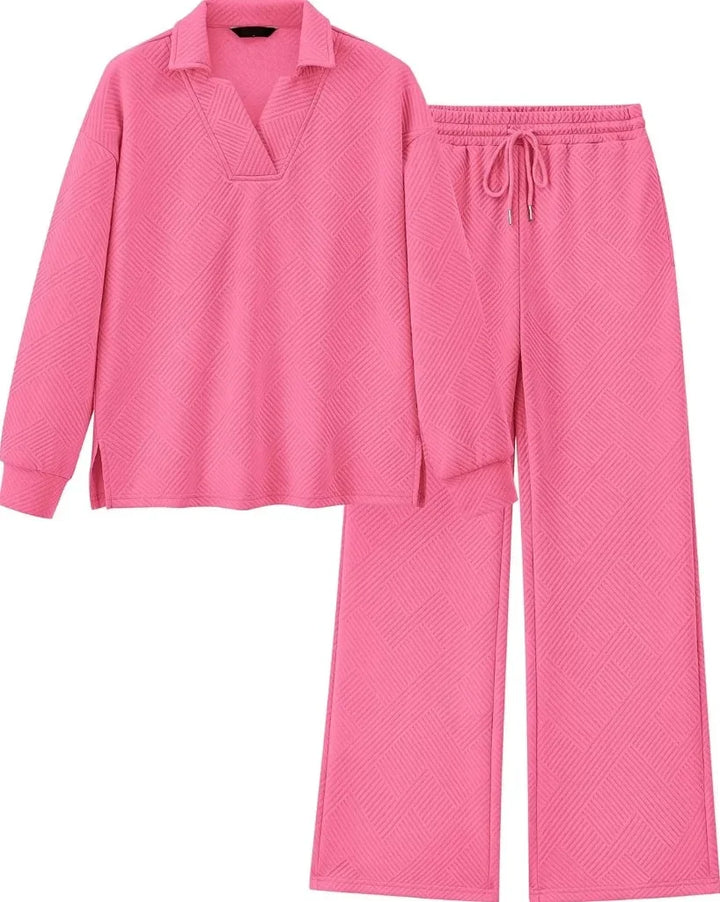 Mireya Textured V‑Neck Lounge Two‑Piece Set-MODAUTLET