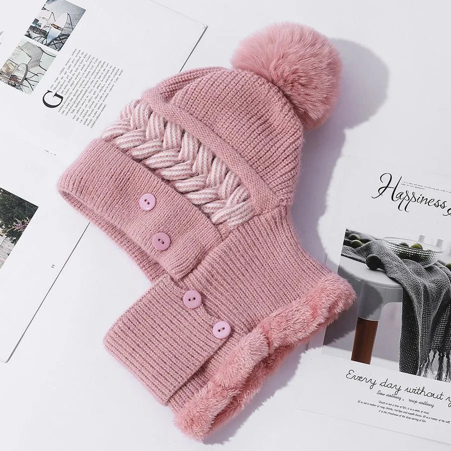 Cozy Fur-Lined Pompom Beanie Pink 55cm-58cm
