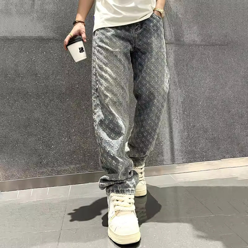 Men's Textured Jacquard Straight Leg Denim Jeans-MODAUTLET