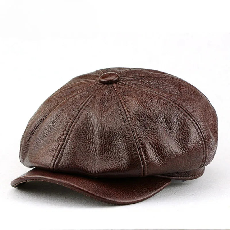 XXL Oversized Cowhide Leather Octagonal Newsboy Hat - 62 cm Brown