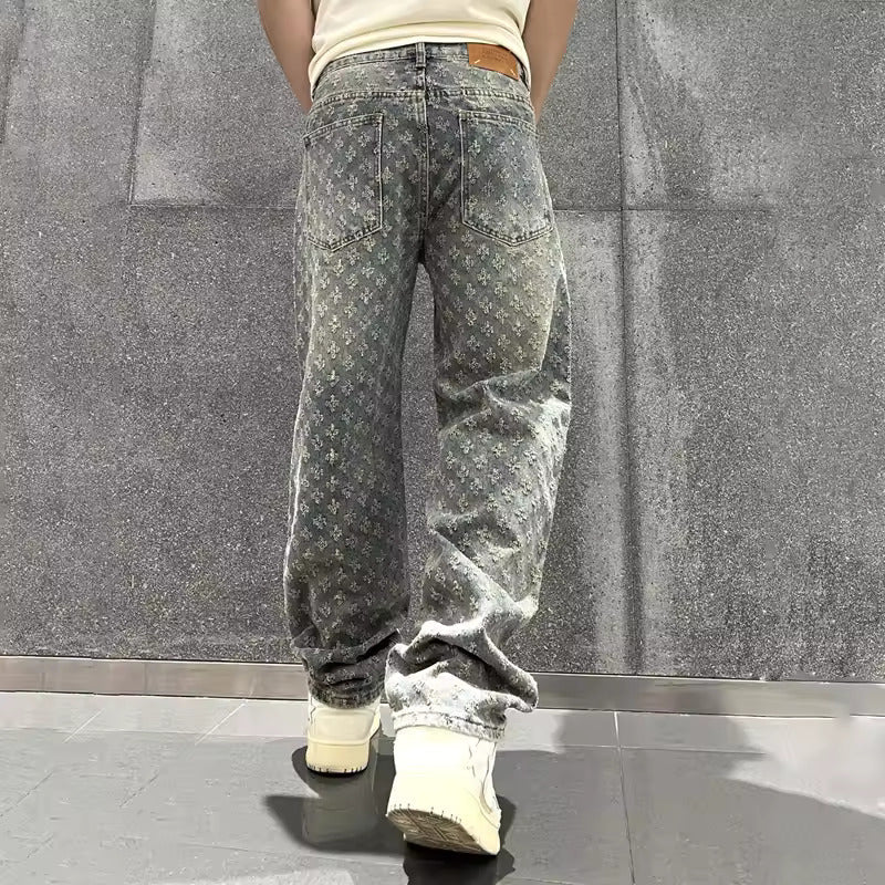 Men's Textured Jacquard Straight Leg Denim Jeans-MODAUTLET