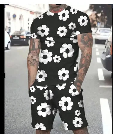 Conjunto de pantalones cortos de verano para hombre con estampado floral en blanco y negro