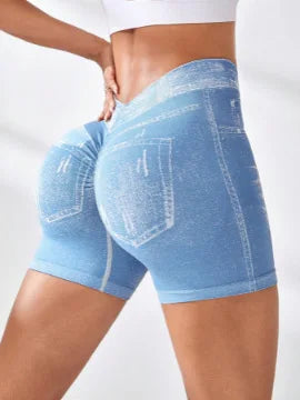 Women's V Back Faux Jeans Workout Shorts for Fitness and Yoga