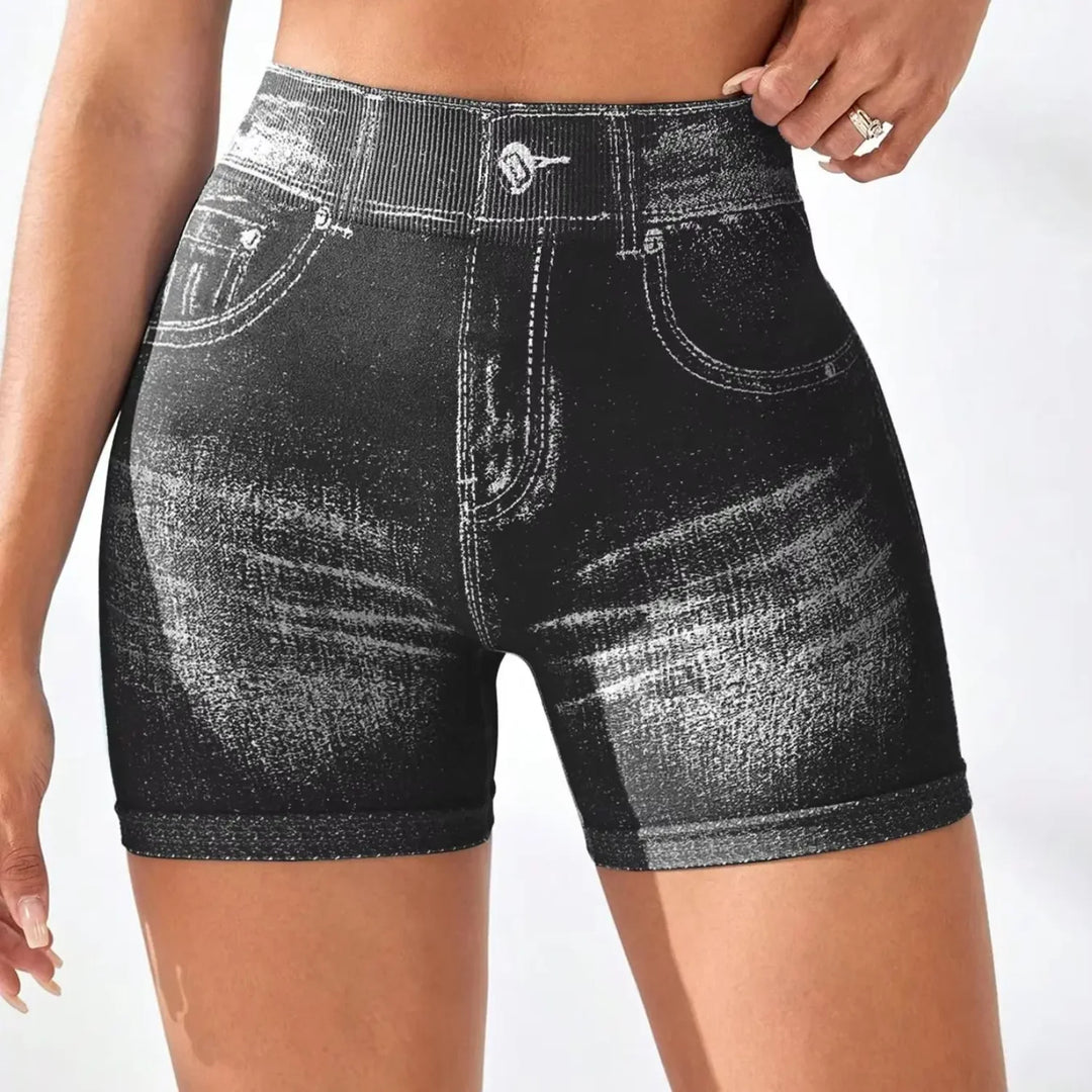 Women's V Back Faux Jeans Workout Shorts for Fitness and Yoga
