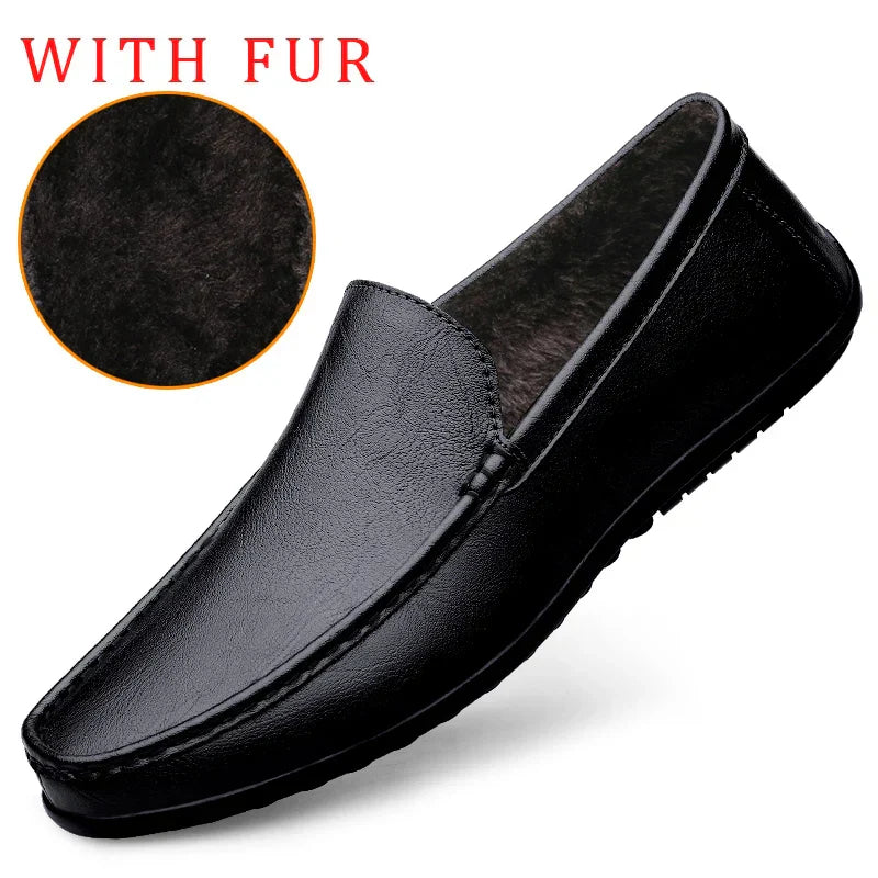Men's Casual Soft Loafers Black with fur
