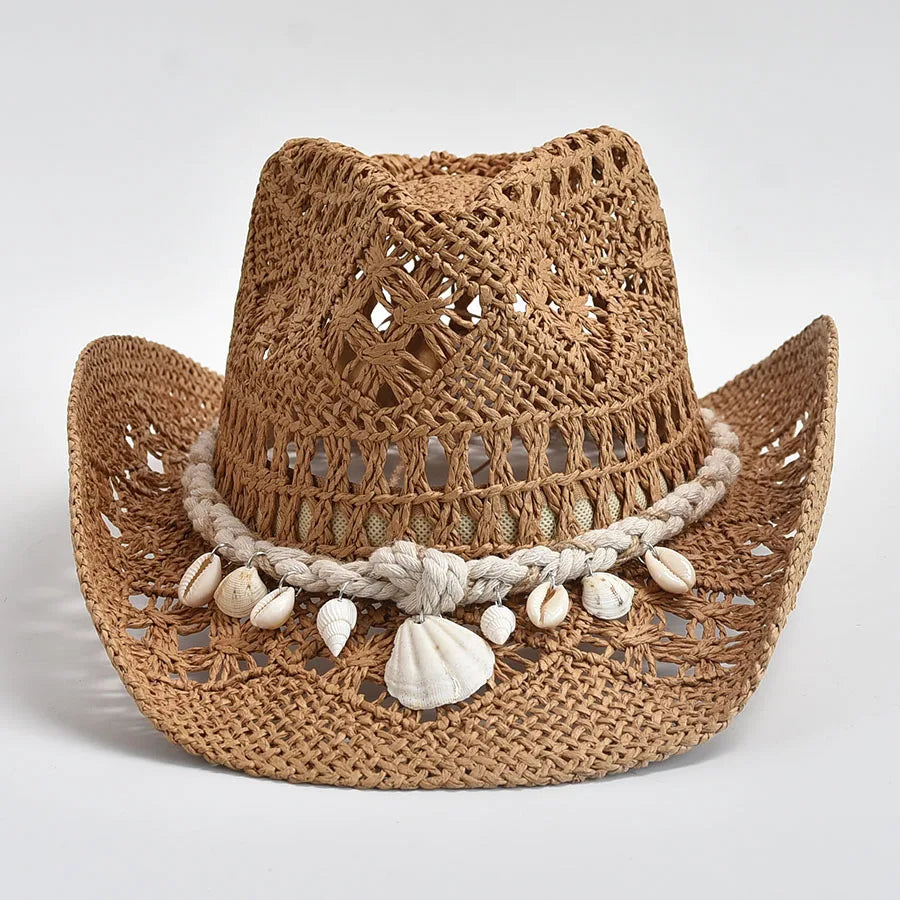 Coastal Seashell Straw Hat Open Knit Breathable Summer Khaki