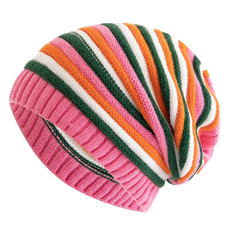 Striped Knitted Slouchy Winter Beanie for Women Pink 55cm-60cm