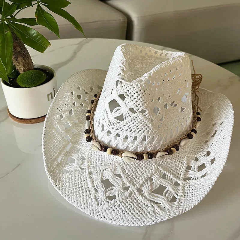 Bohemian Straw Cowboy Hat with Wooden Beads – Perfect for Sun Protection white shell M (56-58cm)