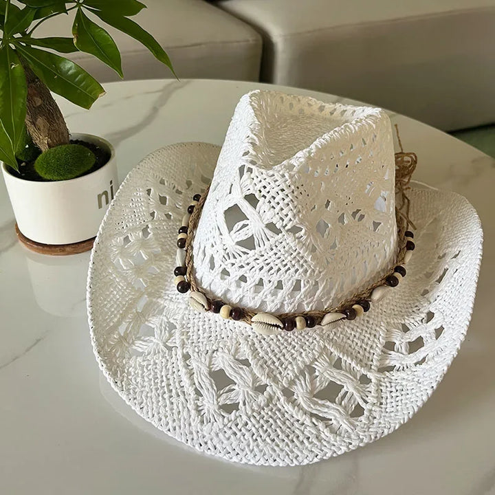 Bohemian Straw Cowboy Hat with Wooden Beads – Perfect for Sun Protection-MODAUTLET