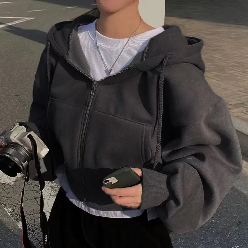 Y2K Cropped Zip Up Hoodie For Women Streetwear Jacket black