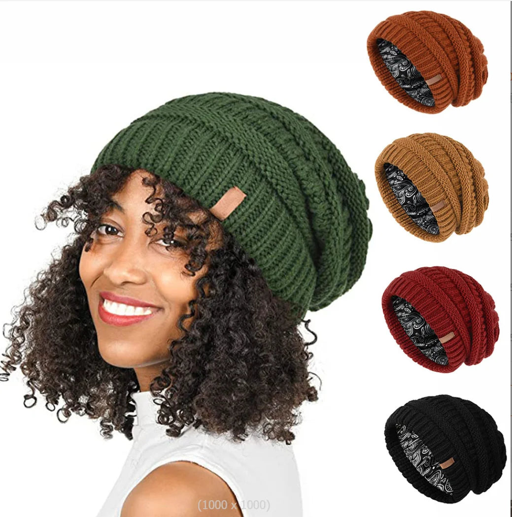 Cozy Satin-Lined Knit Beanie Hat-MODAUTLET