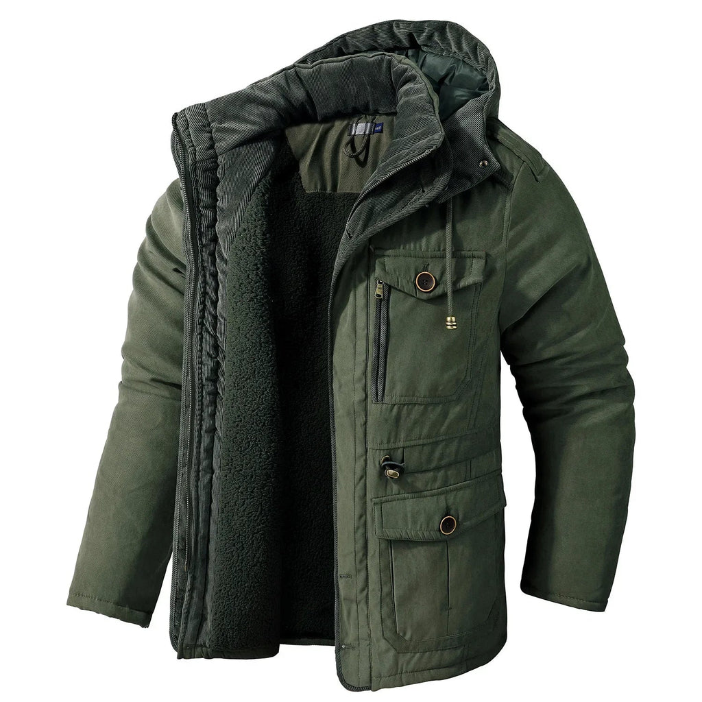 Men's Thickened Hooded Fleece-Lined Cotton Parka – Mid-Length Winter Coat with Multiple Pockets Green