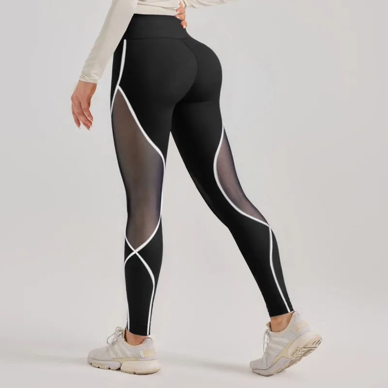 Women's High-Waist Color-Block Mesh Yoga Pants for Workouts