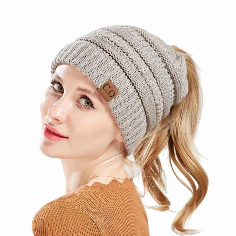 Cozy Stretch Knit Messy Bun Beanie-MODAUTLET