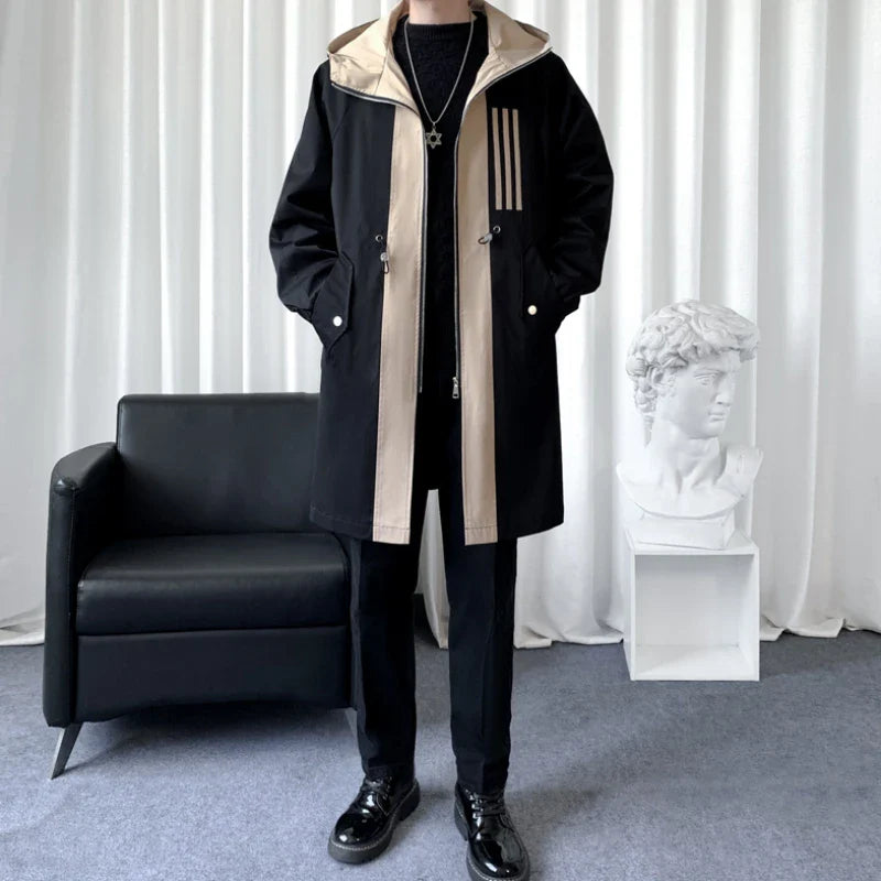 Men's Colour-Blocked Hooded Overcoat Jacket Black