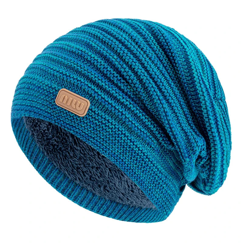 Unisex Striped Slouchy Winter Hat Lake Blue 56cm-60cm